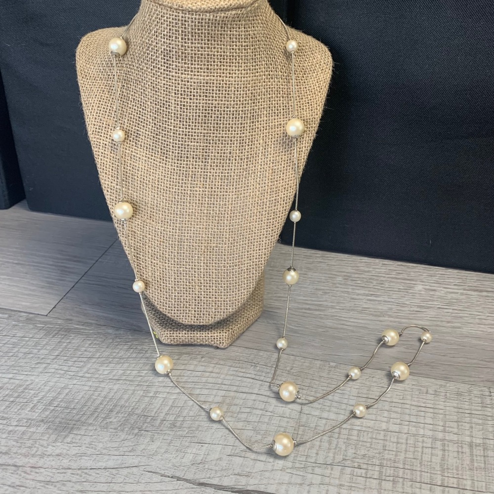 Cream Faux Pearl Station Long Snake Chain Necklace Silver Tone 40 Inch